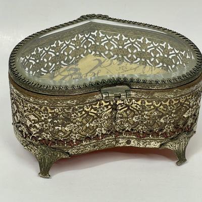 Filagree Heart Shaped Box with glass hinged kid