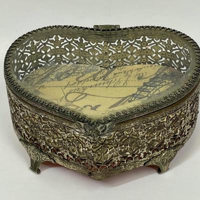 Filagree Heart Shaped Box with glass hinged kid