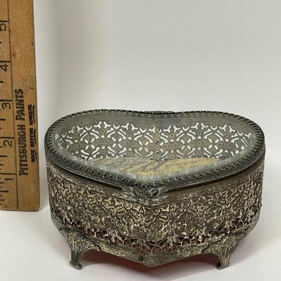 Filagree Heart Shaped Box with glass hinged kid