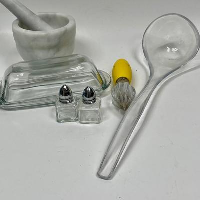 Kitchen Lot of misc. items for food prep Mortar & Pedestal, salt & pepper, butter dish, etc