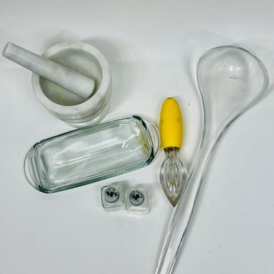 Kitchen Lot of misc. items for food prep Mortar & Pedestal, salt & pepper, butter dish, etc