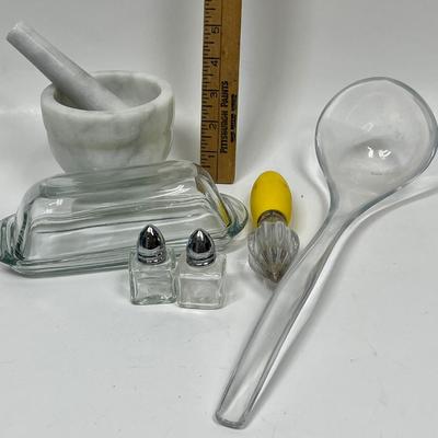 Kitchen Lot of misc. items for food prep Mortar & Pedestal, salt & pepper, butter dish, etc
