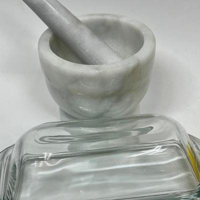 Kitchen Lot of misc. items for food prep Mortar & Pedestal, salt & pepper, butter dish, etc