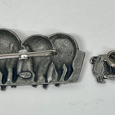 2 Pins or Brooches Pigs Piggies at the trough