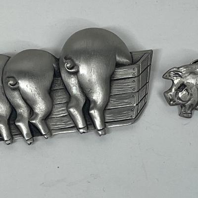 2 Pins or Brooches Pigs Piggies at the trough