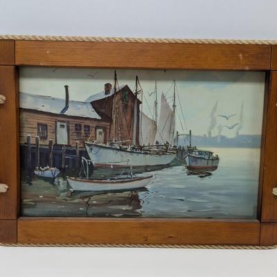 JJ Enwright Vintage Wooden Nautical Sailboat Fishing Boat Tray With Rope Handles