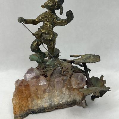 Bronze Sculpture on Amethyst Crystals, Small Girl Jumping Rope