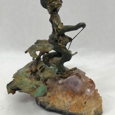 Bronze Sculpture on Amethyst Crystals, Small Girl Jumping Rope