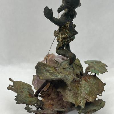 Bronze Sculpture on Amethyst Crystals, Small Girl Jumping Rope
