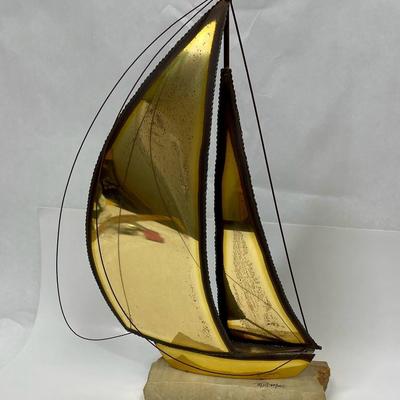 Signed Demott Sailboat Sculpture Brass & Stone