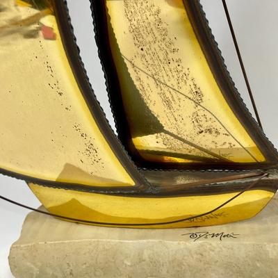 Signed Demott Sailboat Sculpture Brass & Stone
