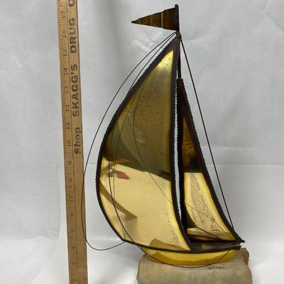 Signed Demott Sailboat Sculpture Brass & Stone