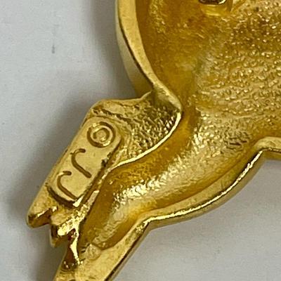 2 Pig Pins or Brooches Gold Signed JJ brooch Black & Tan tin Pin