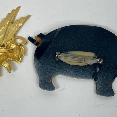 2 Pig Pins or Brooches Gold Signed JJ brooch Black & Tan tin Pin