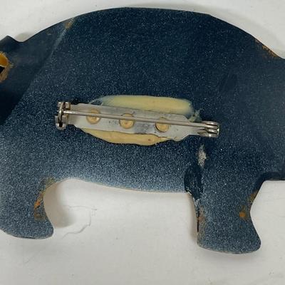 2 Pig Pins or Brooches Gold Signed JJ brooch Black & Tan tin Pin
