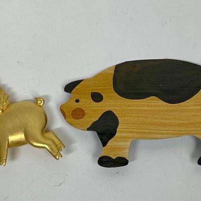 2 Pig Pins or Brooches Gold Signed JJ brooch Black & Tan tin Pin