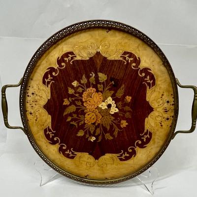 Italian Floral Marquetry Round Tray w/ Handles