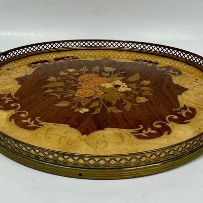 Italian Floral Marquetry Round Tray w/ Handles