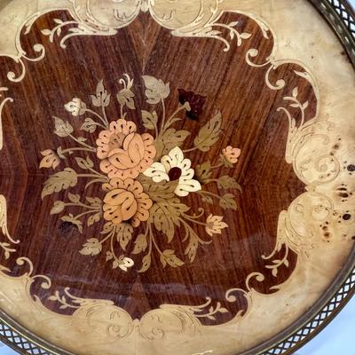 Italian Floral Marquetry Round Tray w/ Handles