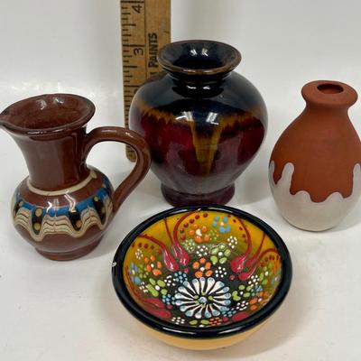 Colorful Mini Miniature Ceramic Pottery Lot - bowl, pitcher, 2 vases