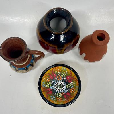 Colorful Mini Miniature Ceramic Pottery Lot - bowl, pitcher, 2 vases