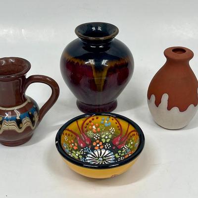 Colorful Mini Miniature Ceramic Pottery Lot - bowl, pitcher, 2 vases
