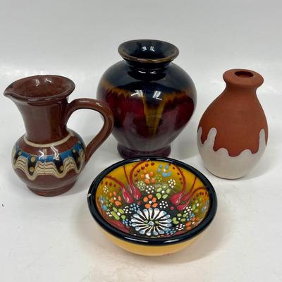 Colorful Mini Miniature Ceramic Pottery Lot - bowl, pitcher, 2 vases