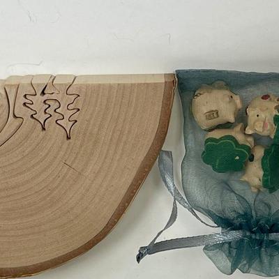 Pig Lot - Framed pint, Framed Cross-stitch, wood puzzle, glass figurines. ceramic figurines etc