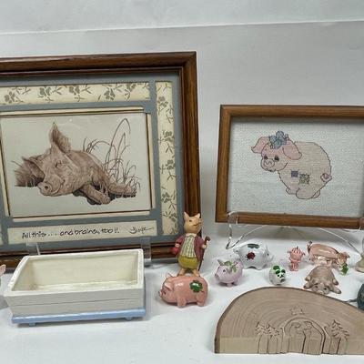 Pig Lot - Framed pint, Framed Cross-stitch, wood puzzle, glass figurines. ceramic figurines etc