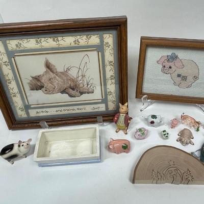 Pig Lot - Framed pint, Framed Cross-stitch, wood puzzle, glass figurines. ceramic figurines etc