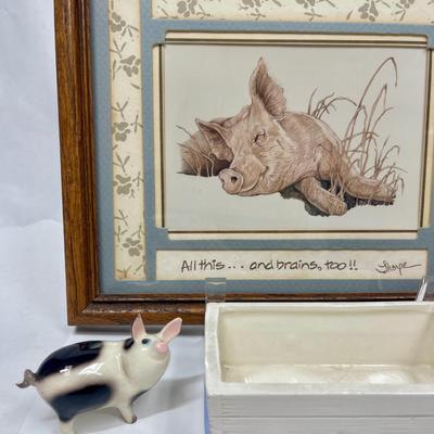 Pig Lot - Framed pint, Framed Cross-stitch, wood puzzle, glass figurines. ceramic figurines etc