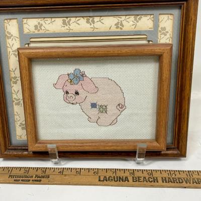 Pig Lot - Framed pint, Framed Cross-stitch, wood puzzle, glass figurines. ceramic figurines etc