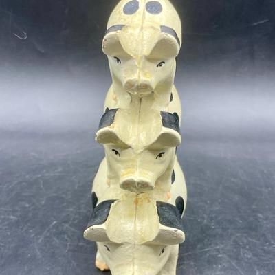 Vintage Cast Iron Black & White 3 Pigs Stacked On Top of Each Other Approx 7"