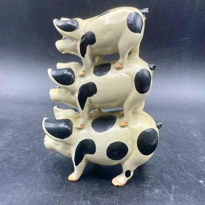 Vintage Cast Iron Black & White 3 Pigs Stacked On Top of Each Other Approx 7"