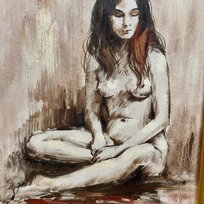 Oil on Canvas Study of Nude Female Framed in Elaborate Gold Hollywood Regional Art Decor