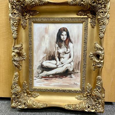 Oil on Canvas Study of Nude Female Framed in Elaborate Gold Hollywood Regional Art Decor