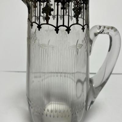 Antique Silver Overlay Early Etched Leaded Glass Pitcher 9-3/4" Tall in VG Preowned Condition.