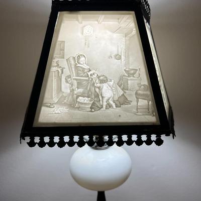 Antique Scarce Lithophane Slag Glass Desk Lamp c1870's in VG Preowned Condition as Pictured,