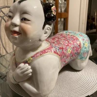 Vintage Earlier SIGNED BASE Chinese Famille Porcelain Baby Child/Girl Opium Pillow Art Statue Sculpture 14" Long as Pic'd....