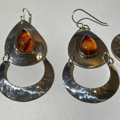 Sterling Silver Dangling Amber Earrings in New Never Worn Condition as Pictured.