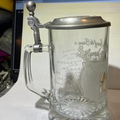 Vintage America the Beautiful Etched Glass Beer Mug/Stein in VG Preowned Condition.