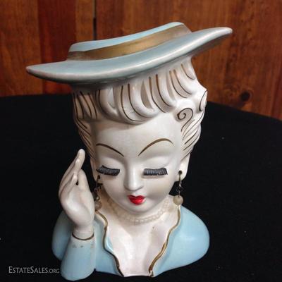 Vintage Lady Head Vase Black Eye Lashes with Hand