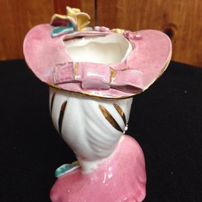Vintage Lady Head Vase with Floral Pink Hat