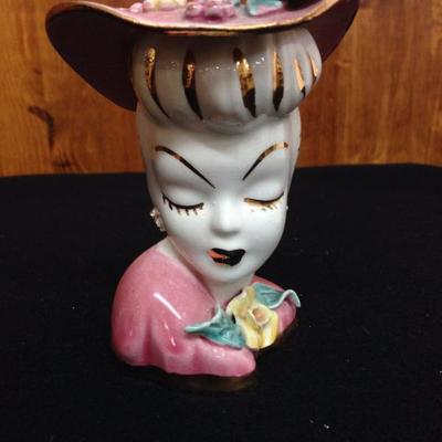 Vintage Lady Head Vase with Floral Pink Hat