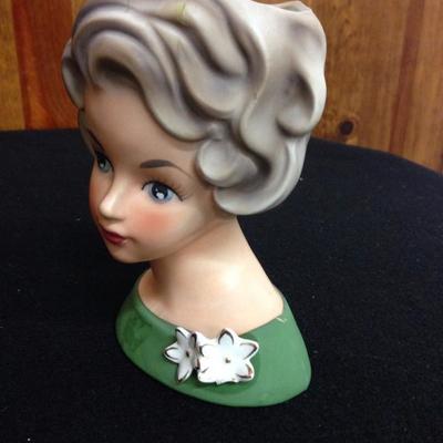 Vintage Head Vase Lady with Green Dress