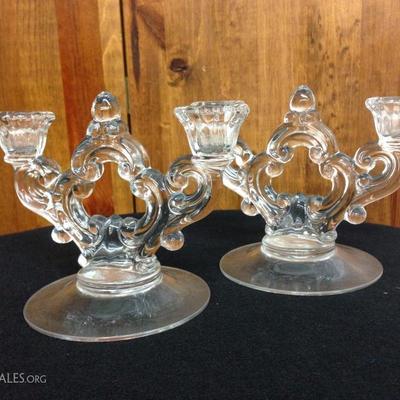 Cambridge Glass Candlesticks with Curly Design