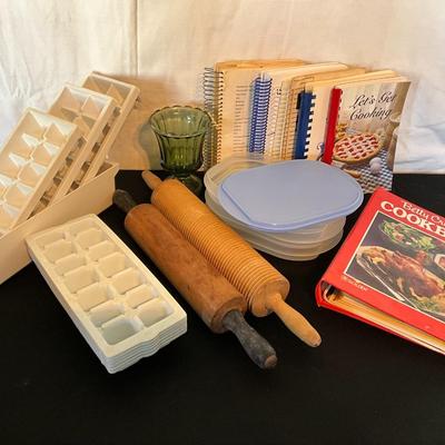 Recipe books, rolling pins, tupperware