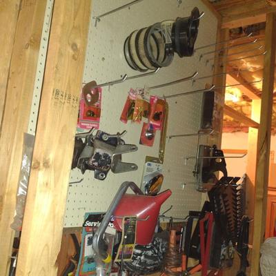 Assorted Tools and Automotive Accessories- Contents on Pegboard