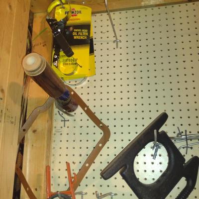 Assorted Tools and Automotive Accessories- Contents on Pegboard