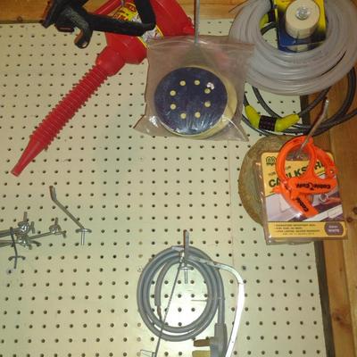 Assorted Tools and Automotive Accessories- Contents on Pegboard